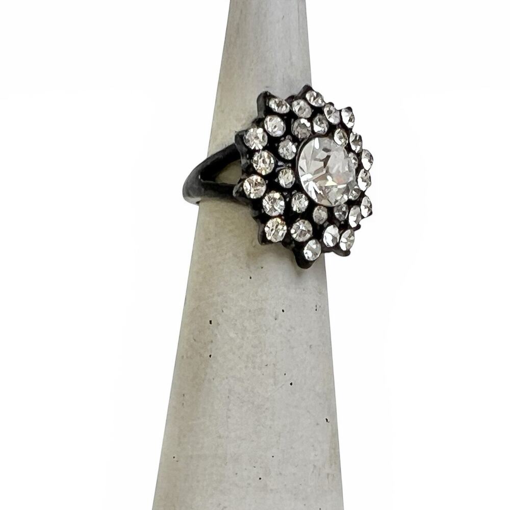 Statement Ring Clear Cluster Rhinestones Black Glossy Metal Faceted Sparkle 6